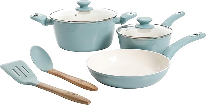 Gibson Home Plaza Café Forged Aluminum Healthy PFA-Free Ceramic Pots and Pans Cookware Set 7-Piece Set Sky Blue