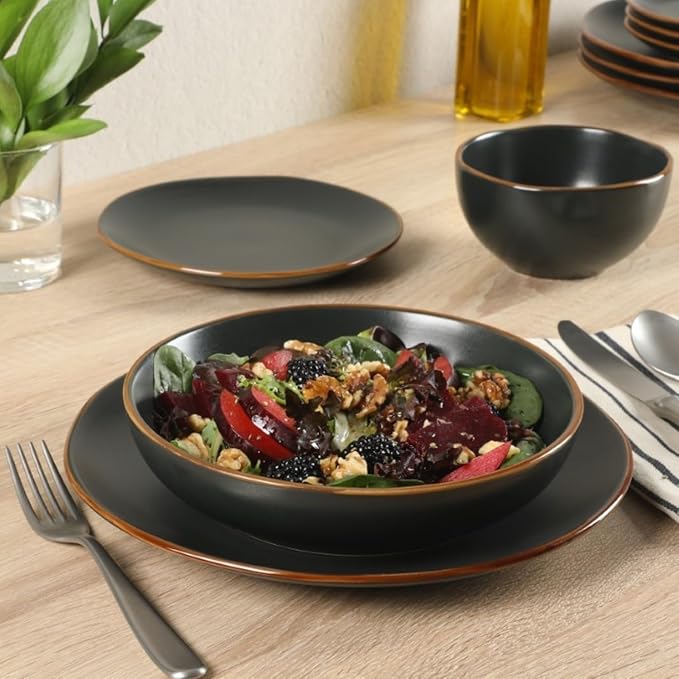 Gibson Home Hazeltine 16-Piece Black Stoneware Dinnerware Set – Plates and Bowls Durable Ceramic Kitchen Dinner Set