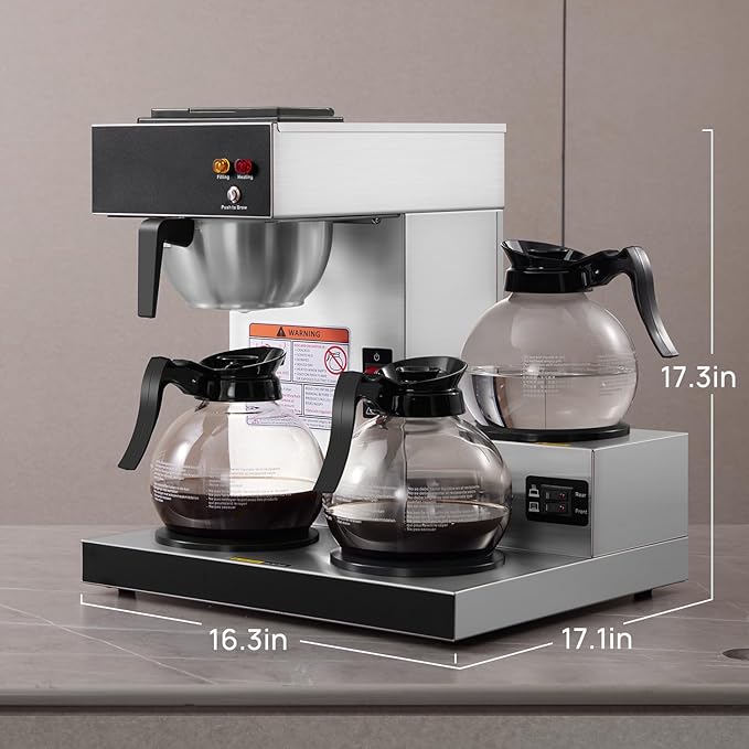 SYBO 12-Cup Commercial Coffee Maker Pour Over Drip Coffee Maker Brewer with 3 Lower Warmers and 3 Glass Decanters Stainless Steel Cafetera