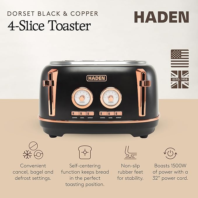 Haden Dorset 4 Slice Wide Slot Stainless Steel Toaster with Adjustable Browning Control &amp Non-Slip Feet Black &amp Copper