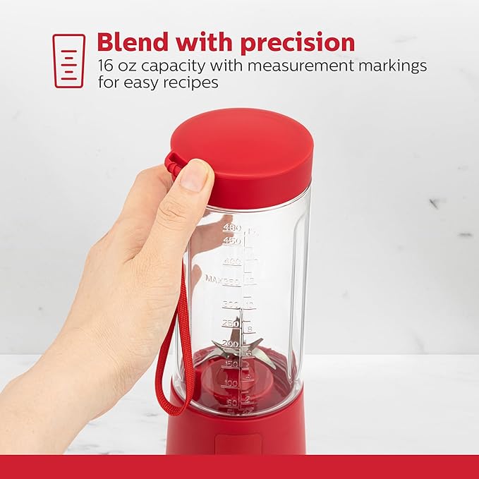 Holstein Housewares - USB Portable Blender 16oz Personal Smoothie &amp Shake Maker with Rechargeable Battery Type-C Fast Charging Spill-Free Lid &amp Indicator Light - Red