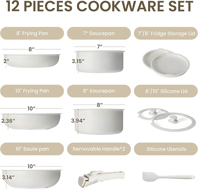 HealSmart 12 Pcs Pots and Pans Set Non-Stick Cookware Set with Detachable Handles Beige Granite Texture Resistant to High Temperatures Oven Safe PFAS and PFOA Free