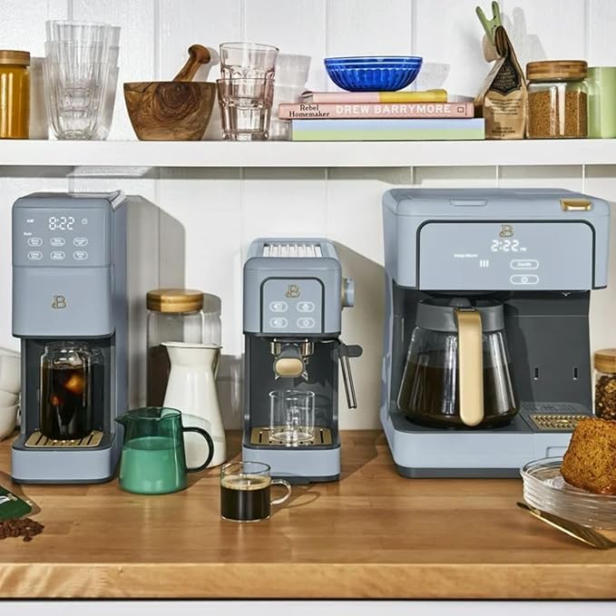 Multi-Brew Coffee Maker 12-Cup Carafe + Single-Serve Pods or Grounds Over Ice Touch Display by Drew Barrymoree. (Cornflower Blue)