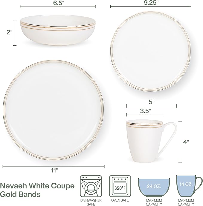 Everyday White by Fitz and Floyd Nevaeh Bone China Coupe Gold Bands Dinnerware Set Service for 4