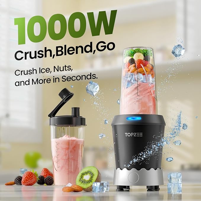 TOPZEE Personal Smoothie Blender 1000W Single-Serve Blender with 24oz To-Go Cup Twist-On Start/Stop for Protein Shakes &amp Smoothies Compact Countertop Blender Black