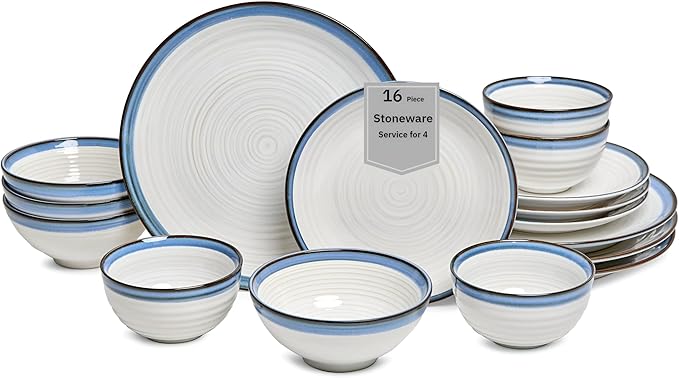 Sango Siterra Santorini 16-Piece Stoneware Dinnerware Set for 4 Ceramic White Plates and Bowls Sets with Blue Rim &amp Reactive Glaze Chip Resistant Dish Set Microwave &amp Dishwasher Safe Kitche