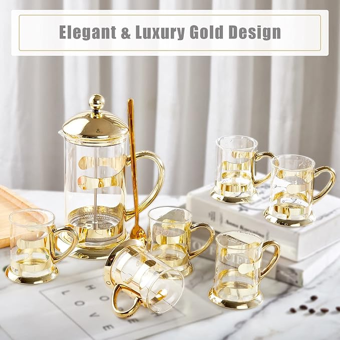 DUJUST Gold French Press Set with 6 Cups &amp 1 Tray Luxury Design Coffee Maker Set with 4-Level Filter System Hot&ampCold Resistant Glass French Coffee Press Set Well Packed Holiday Gift &amp