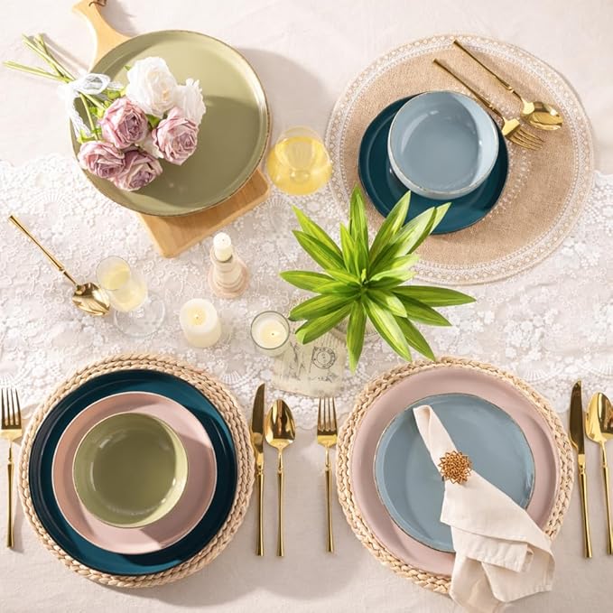 AmorArc Ceramic Dinnerware Sets for 4 12 Pieces Handpainted Plates and Bowls Set with Rustic Terracotta Underside Scratch Resistant Stoneware Dishes Set Dishwasher &amp Microwave Safe Multi-Color
