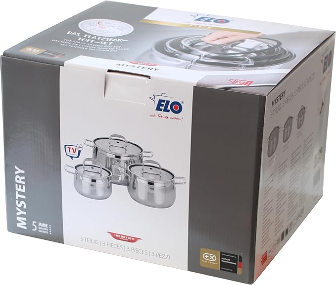 ELO Induction Cookware Set Stainless Steel Ceramic and Gas with Measuring System and Measuring Scale Diameter 160 x 10.5 cm Diameter 20 x 12.5 cm and Diameter 24 x 15.5 cm Set of 3