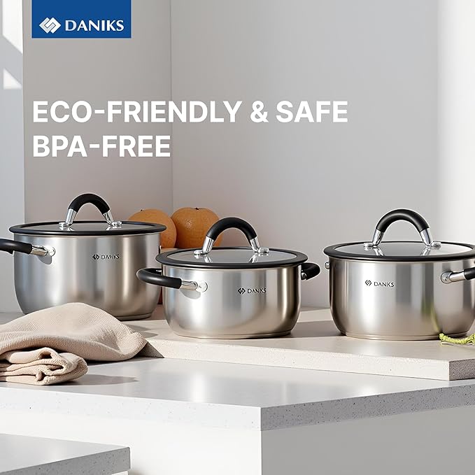 Daniks Orlando 10-Piece Stainless Steel Cookware Set with Glass Lids Includes Saucepan Tri-Ply Bases for Even Heating Induction Compatible Dishwasher Safe Heatproof Handles