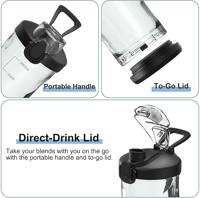 DENOKIN Portable Blender 20oz Vessel Cordless Personal Size Blend with 6 Blade and a Travel Lid (Elegant Black)