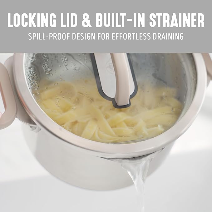 BK Twisting by Greenlife Stainless Steel 6 Piece Locking Lid Cookware Set Built in Strainer Induction Pots &amp Pans Drip-Free Pour Spouts Silicone Handles Saucepan Stock Pot Dishwasher Safe