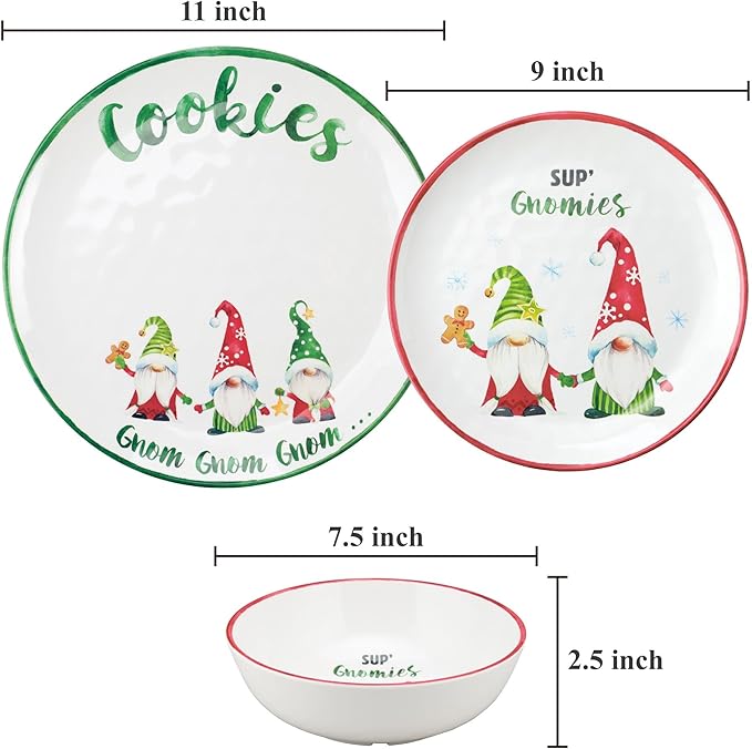 UPware 12 Piece Gnomies Melamine Dinnerware Sets Outdoor Dishes Set Plates and Bowls Sets Christmas Decorations Service for 4 White