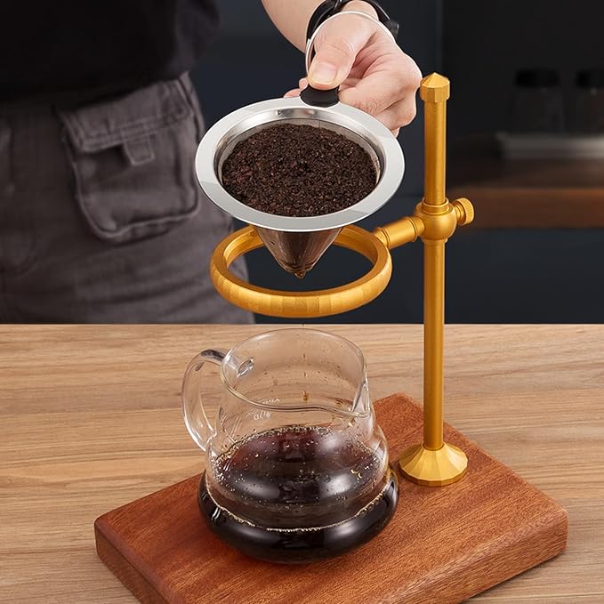 Pour Over Coffee Stand Height Adjustable Pour over Coffee Maker with Sapele Wooden Base Paper Filters Bronze
