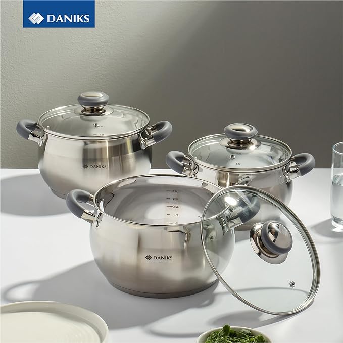 Daniks Modern 6-Piece Stainless Steel Cookware Set with Glass Lids Tri-Ply Bases for Even Heating Induction Compatible Dishwasher Safe Heatproof Handles