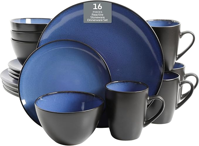 Gibson Elite Soho Lounge Round Reactive Glaze Stoneware Dinnerware Set Service for 4 (16pc) Blue Soho Round.