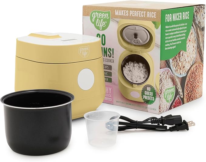 GreenLife Digital Rice Cooker 2-Cups Uncooked/4-Cups Cooked Removable Nonstick Ceramic PFAS-Free Pot One-Touch Presets Oats Quinoa Brown Rice Auto Keep Warm Fuzzy Logic Tech 1.5QT Butter Yel