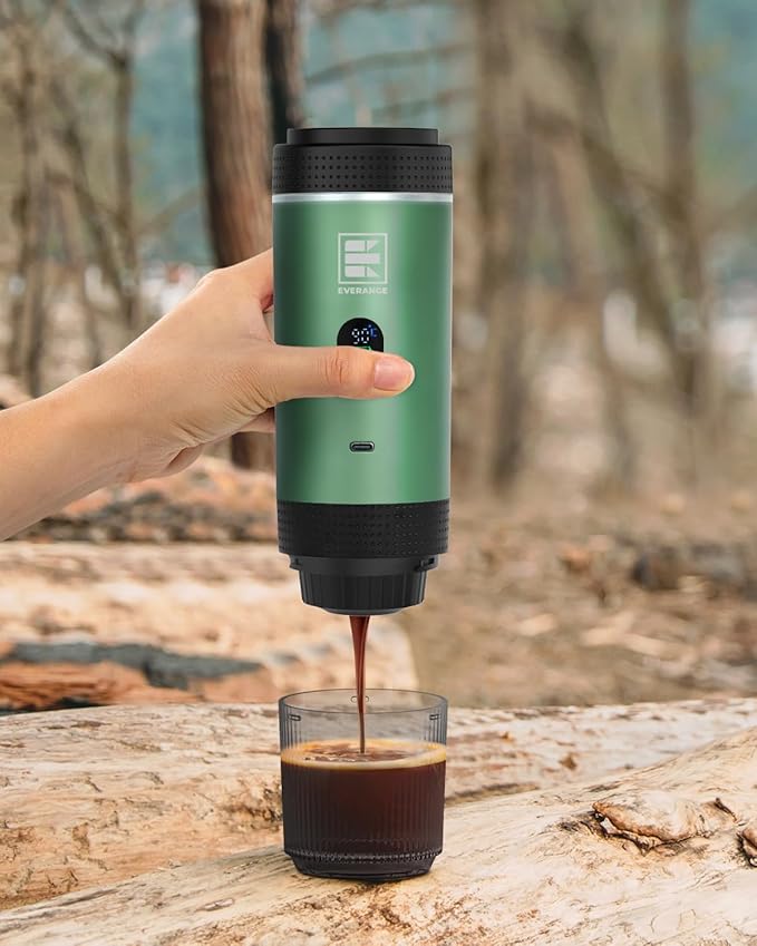 Portable Electric Espresso Machine Travel Coffee Maker Brewer Compatible with Ground Coffee &amp NS Capsules (Green with LCD Screen)