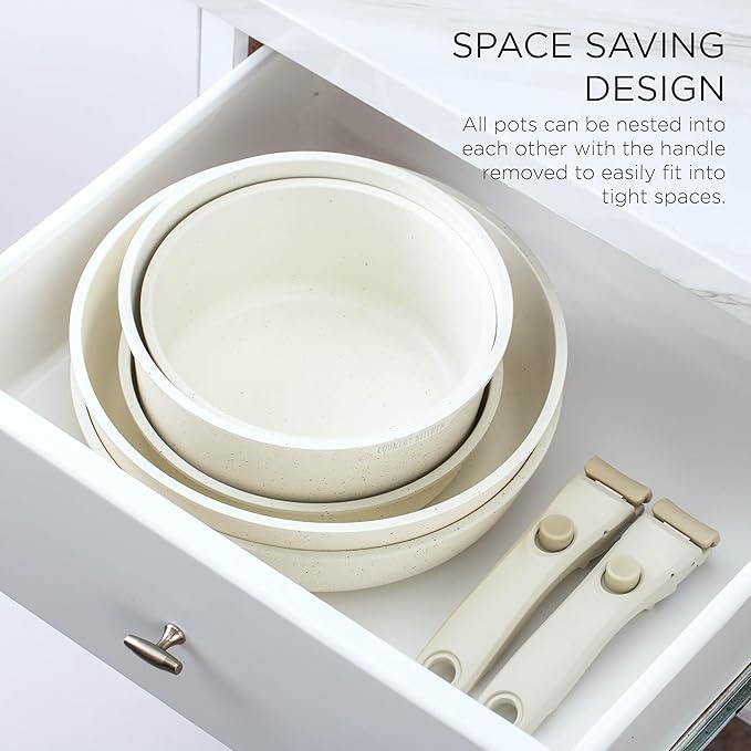 Country Kitchen Cookware Set with Removable Handle Oven &amp RV Safe Pots and Pans Set Cream Deluxe Larger Set