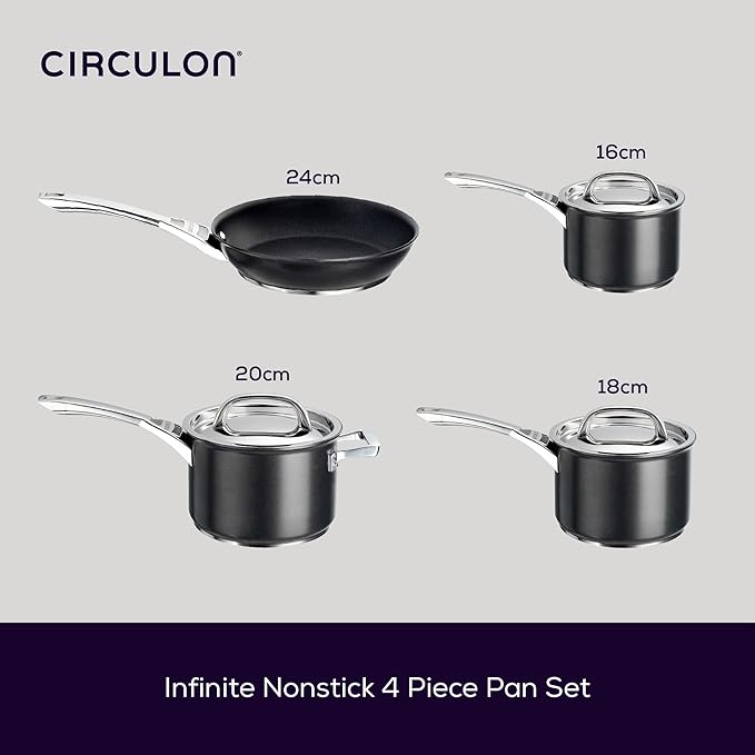 Circulon Infinite Induction Hob Pan Set of 4 - Non Stick Pots and Pans Sets with Stainless Steel Lids &amp Handles Premium Dishwasher Safe Cookware Black