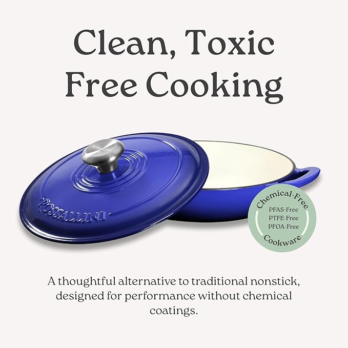 Signature Enameled Cast Iron Braiser Non-Stick Serving Pot with Tight Fitting Lid for Perfect Roasting Baking Sauteing Searing and Pan Frying | 1.5Q (1.4L) - Ocean Blue