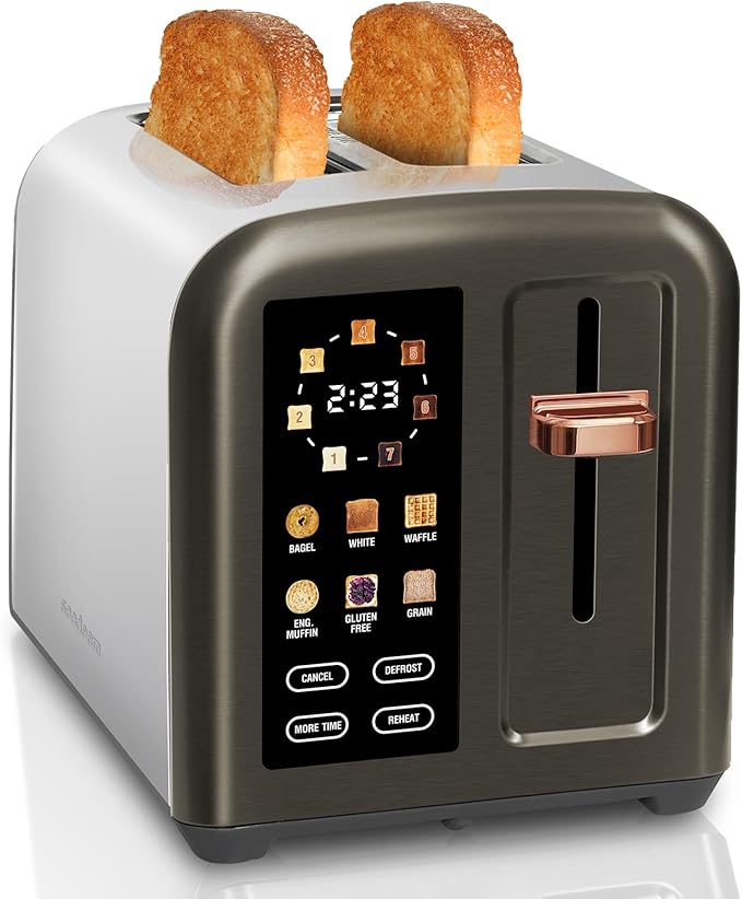 SEEDEEM Toaster 2 Slice Full Touch Control Stainless Toaster LCD Display 50% Faster Heating Speed 6 Bread Type 7 Shade Setting 1.5''Wide Slots Removable Crumb Tray 1350W Dark Metallic
