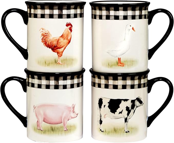 On the Farm 16-Piece Dinnerware Set – Country Farmhouse Plates Bowls &amp Mugs for 4 – Ceramic Dinnerware Featuring Cow Pig Rooster Duck &amp Gingham Design – Rustic Kitchen Tableware