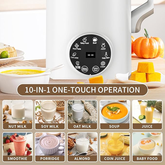 10 in 1 Nut Milk Maker Machine Almond Milk Maker 41oz Self Clean/12H Delay/Keep Warm/Boil One Touch Soy Milk Maker Homemade Oat Nutri Plant Based and Non Dairy Beverages