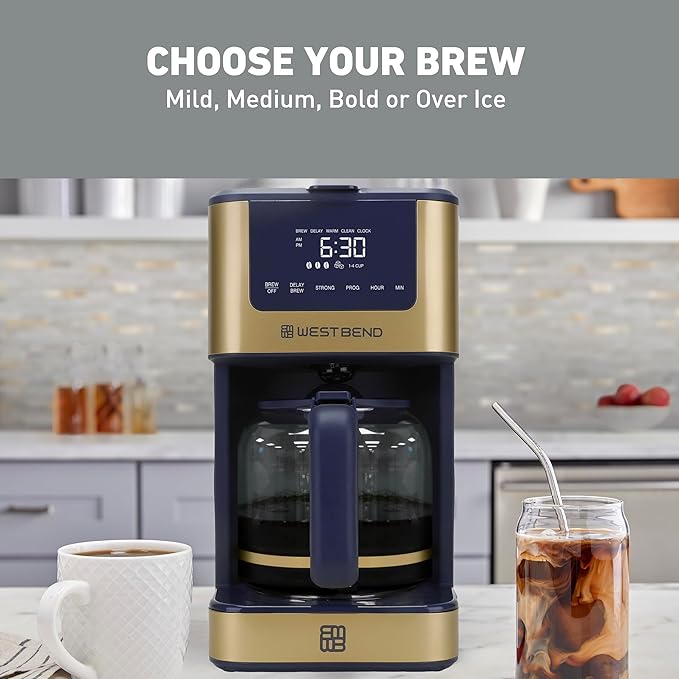 West Bend Timeless 12-Cup Programmable Coffee Maker with Brew Strength Selector for Hot and Iced Coffee Includes 1-4 Cup Brew Option and Permanent Filter