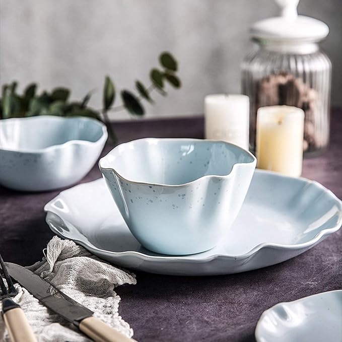 Dinner SetCeramics Dinner Sets 24 Pieces Porcelain Dinnerware Combination SetIrregular Ruffle Cereals Bowls and Steak Plates Sets