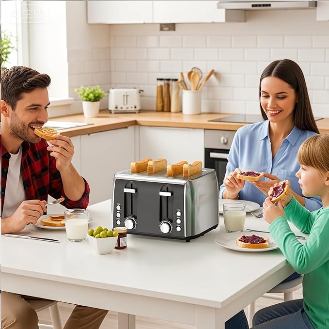 4 Slice Toaster 6 Browning Settings Removable Crumb Tray Stainless Steel Bread Toaster for Bagels Muffins Waffles Defrost Cancel Button 120V 1800W