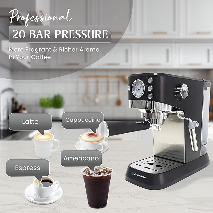 DRINKPOD 20 Bar Espresso Machine – Coffee &amp Espresso Maker Combo with Milk Frother Steam Wand Stainless Steel Cup Plate and 1.5L Removable Water Tank – High Pressure Espresso Maker