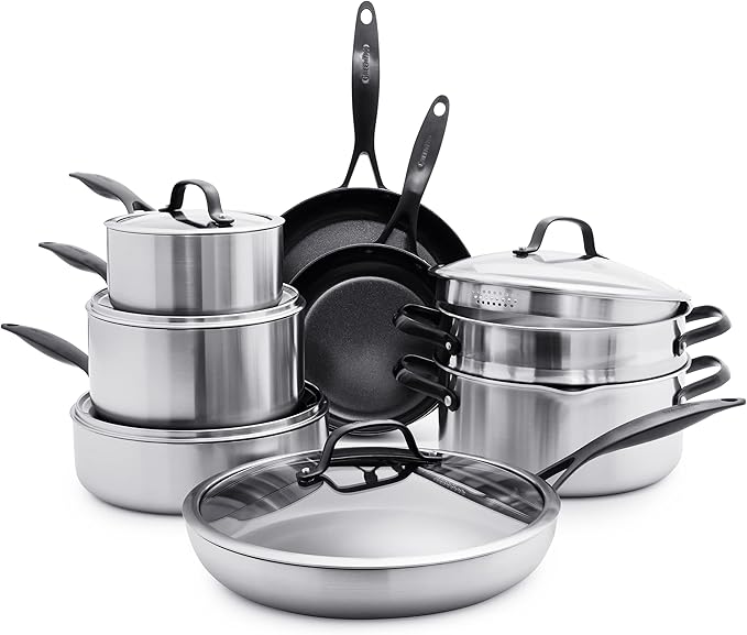 GreenPan Venice Pro Noir Tri-Ply Stainless Steel Healthy Ceramic Nonstick 13 Piece Cookware Pots and Pans Set Matte Black Handle PFAS-Free Multi Clad Induction Dishwasher Safe Oven Safe Silver
