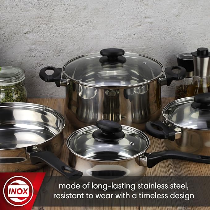 MAGEFESA Deliss 7-Piece Stainless Steel Cookware Set – Includes 2 Stockpots Saucepan &amp Deep Sauté Pan – Induction Compatible All Stovetops Dishwasher Safe