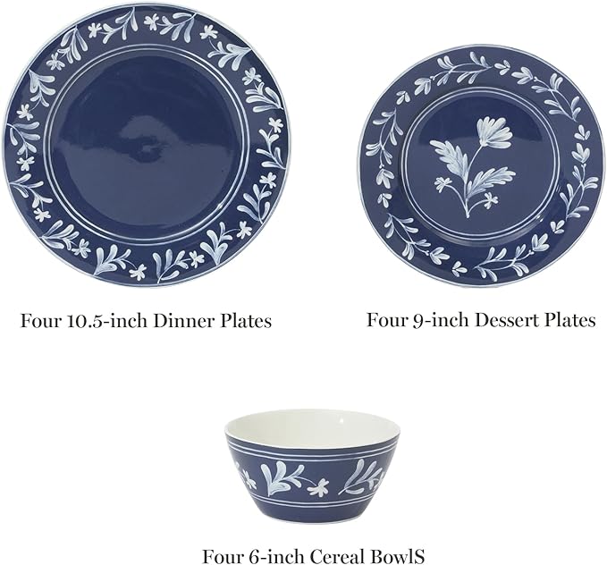 Martha Stewart Maiden Crown 12-Piece Sky Blue Dinnerware Set – New Bone China Ceramic Plates &amp Bowls – Floral Design – Service for 4 – Microwave &amp Dishwasher Safe