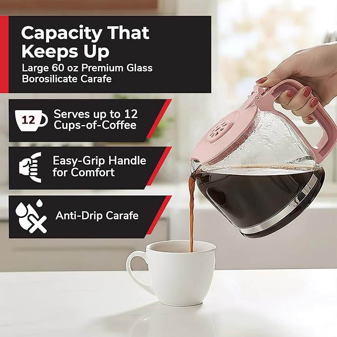 MUELLER HOME 12-Cup Pink Coffee Maker - Borosilicate Carafe Auto-Off Pink Kitchen Accessories Reusable Filter Anti-Drip Kitchen Appliances Keep-Warm Function