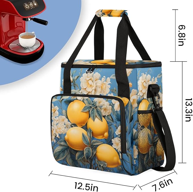 Lemon Flower Coffee Maker Travel Bag for Keurig K-Mini/K-Mini Plus Insulated Waterproof Tote with Pockets for K-Cup Portable Single-Serve Brewer Case