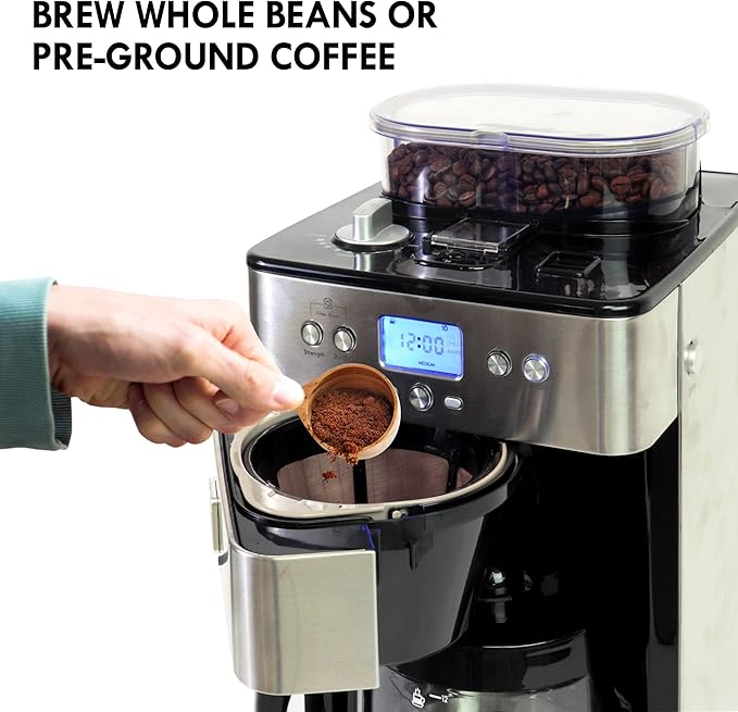 Kenmore Elite Grind and Brew Coffee Maker with Built‑In Burr Grinder Automatic Drip Machine 12‑Cup Programmable Brewer Bean‑to‑Cup Cafetera Stainless Steel Coffee Maker for Home &amp Office
