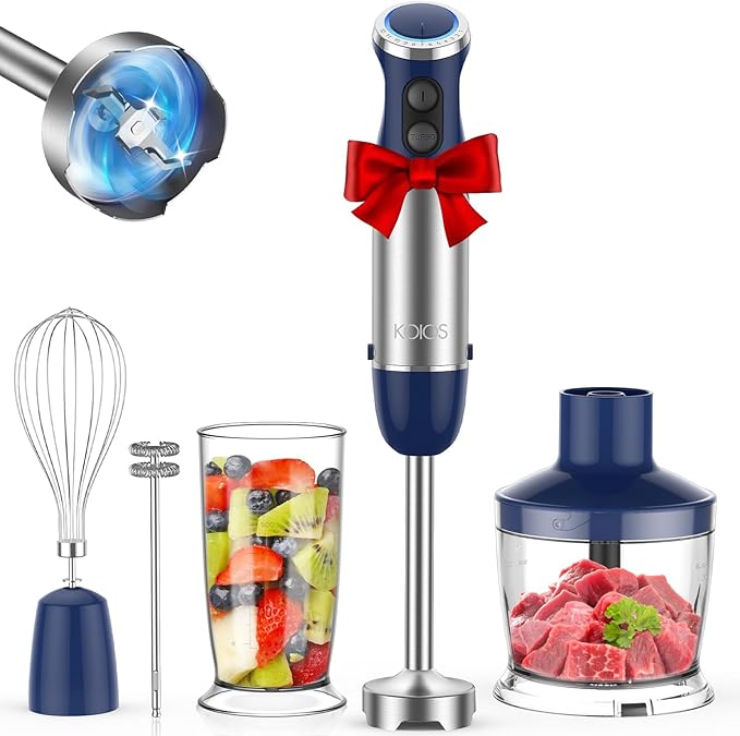 KOIOS 5-in-1 Hand Immersion Blender 12 Speed Adjustable Emulsifier Handheld Blender 1000W Copper Motor Stainless Steel Blade Hand Mixer with attachments Blue