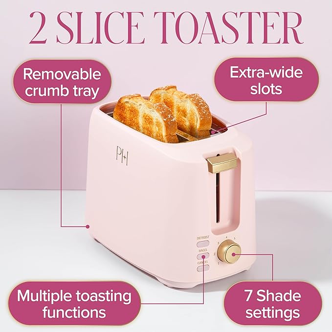 Paris Hilton 2-Slice Toaster Extra-Wide Slots 7 Browning Settings Bagel &amp Defrost Functions Removable Crumb Tray Pink