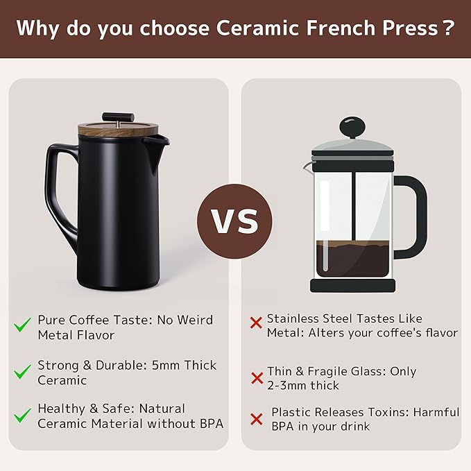 DHPO Ceramic French Press Coffee Maker 22oz Single Serve Coffee Press with Walnut Wood Lid Lead-Free Food Grade Stainless Steel Filter with Dual Screen for Coffee and Loose Tea Black