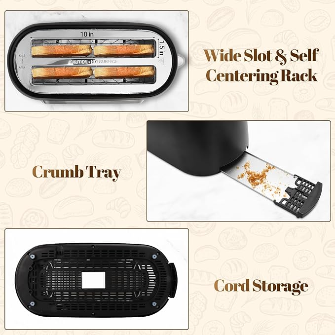 4 Slice Toaster with Touch Screen Control 1.5 Wide Long Slots 6 Browning Levels &amp 6 Bread Types Digital Timer Memory Defrost Reheat (BLACK)