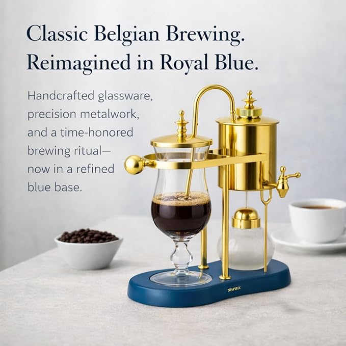 Nispira Belgian Balance Syphon Vacuum Coffee Maker 500ml Vintage Gravity Brewing System Gold &amp Peacock Blue Finish Manual Tabletop Coffee Brewer