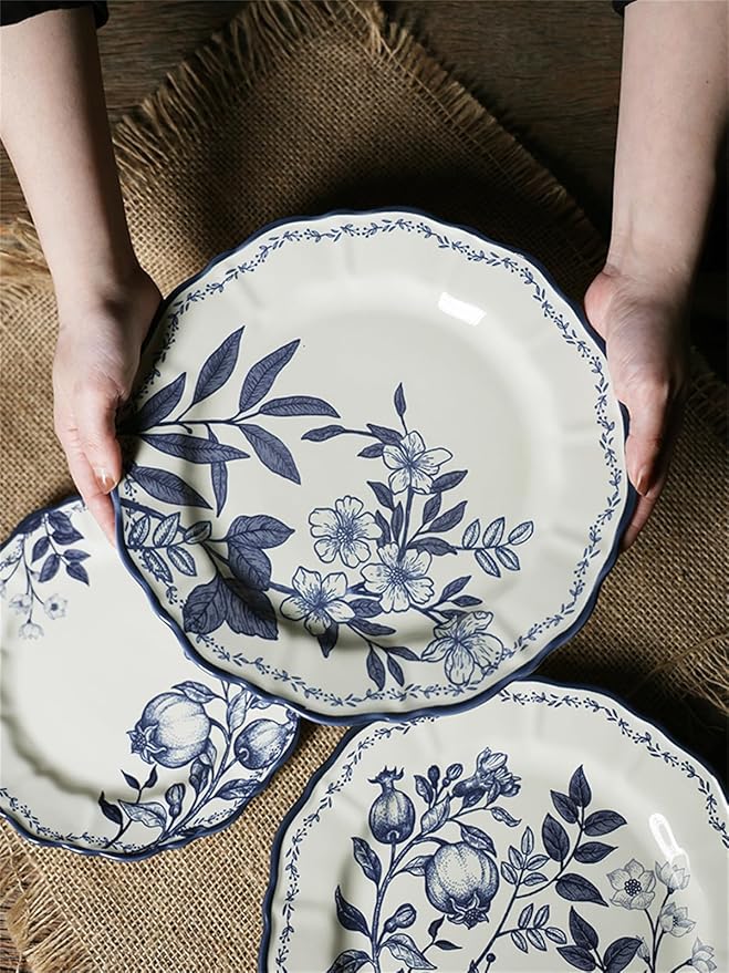 Ceramic BowlSteak Dinner Plate Creative Blue Flower Branches Leaves Vegetable Pattern Bowl Plate Set Tableware Gift Giving Ceramics Dinnerware Set Dishes 4-Pieces Sets