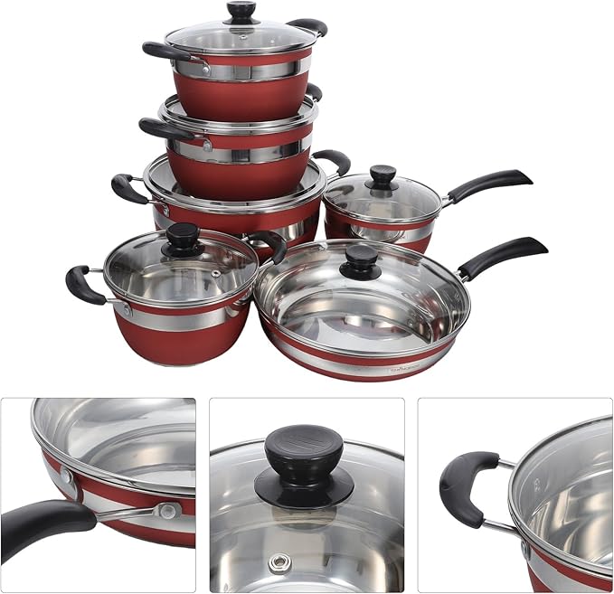 PRETYZOOM 12pcs Stainless Steel Cookware Set with Glass Lids - Induction Kitchen Pots And Pans - Including Fry Pans Saucepans Dutch Oven - Kitchen Essential Cooking Kit