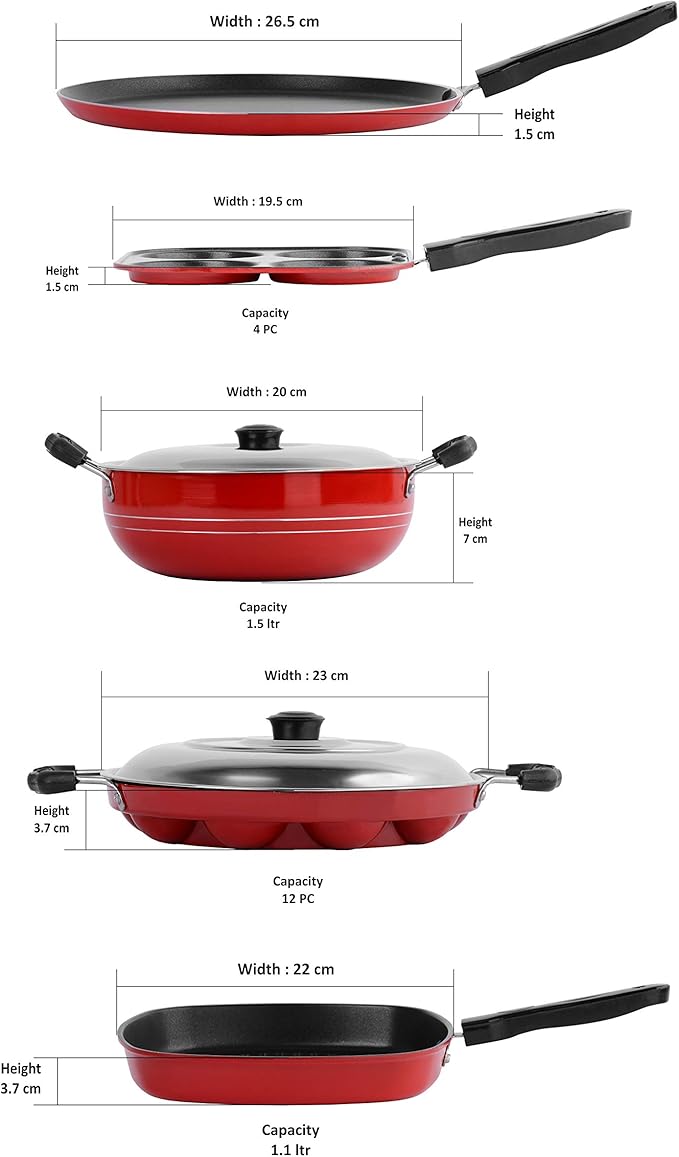 SUMEET Aluminium 2.6mm Thick Non-Stick Dearg Cookware Set (Red Dosa Tawa 26.5cm Dia Mini Multi Snack Maker 19.5cm Dia Kadhai with Lid 1.5Ltr Grill Appam Patra with Lid 23cm Dia Grill Pan 1.1Ltr)