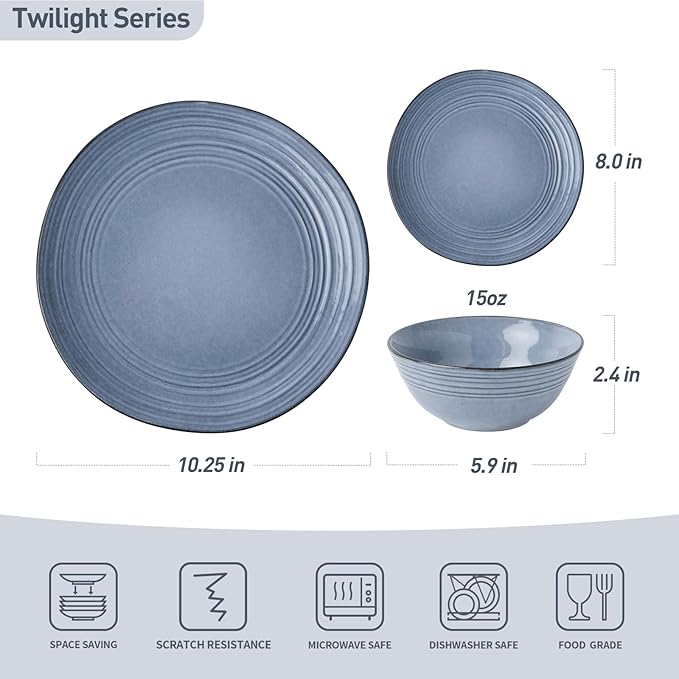 Famiware Plates and Bowls Sets 24-Piece Stoneware Dinnerware Sets Dishes Set for 8 Hand-made Reactive Glaze Dish Set Twilight Series Blue