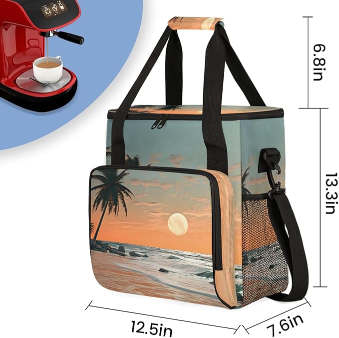 Beach Sunset Landscape Coffee Maker Travel Bag for Keurig K-Mini/K-Mini Plus Insulated Waterproof Tote with Pockets for K-Cup Portable Single-Serve Brewer Case