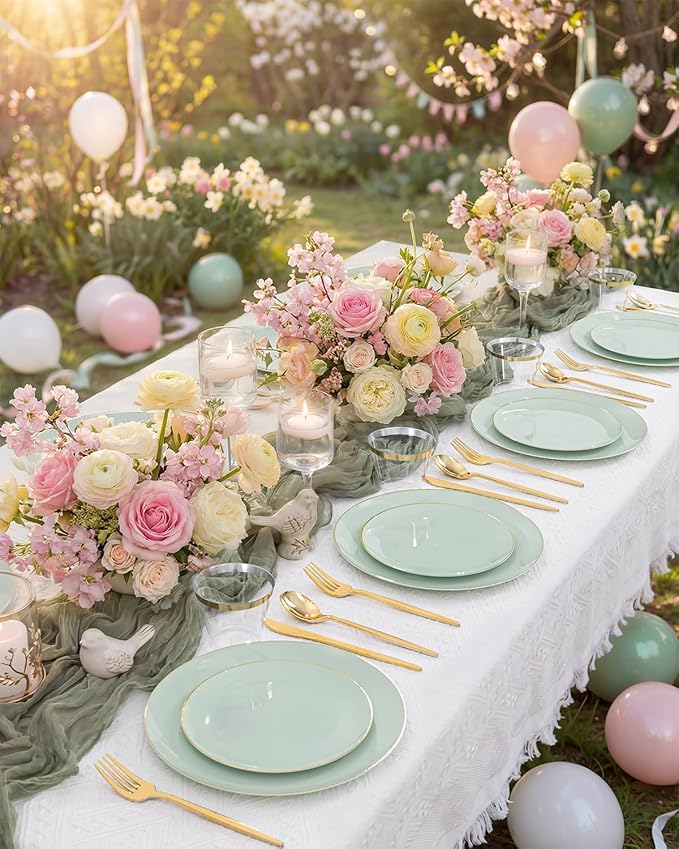 bUCLA 150PCS Green Plastic Plates - Sage Green with Gold Rim Disposable - Include 25 (Dinner &amp Dessert) Plates 25 Knives 25 Forks 25 Spoons and 25 Cups for Party Easter &amp Spring