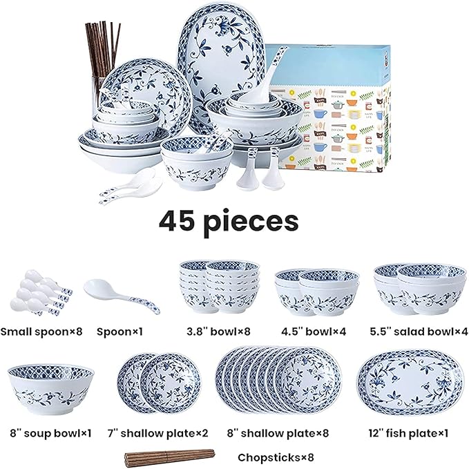 Dinner Set for Luxury Restaurant and Home Ceramics Dinner Sets Blue and White Porcelain Dinnerware Set of 45 | Simplicity Cereal Bowl and Steak Plate Set